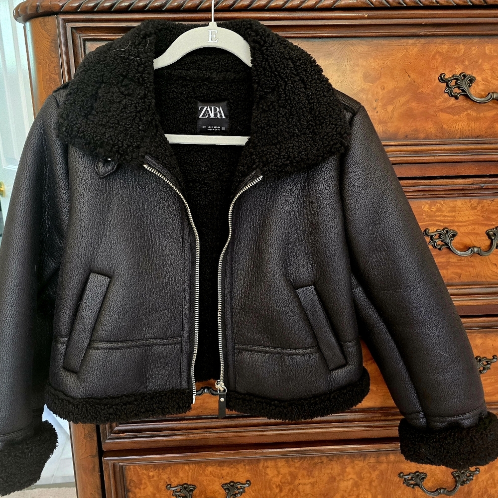 ZARA Black Shearling Faux Leather Jacket Coat S NEW!
